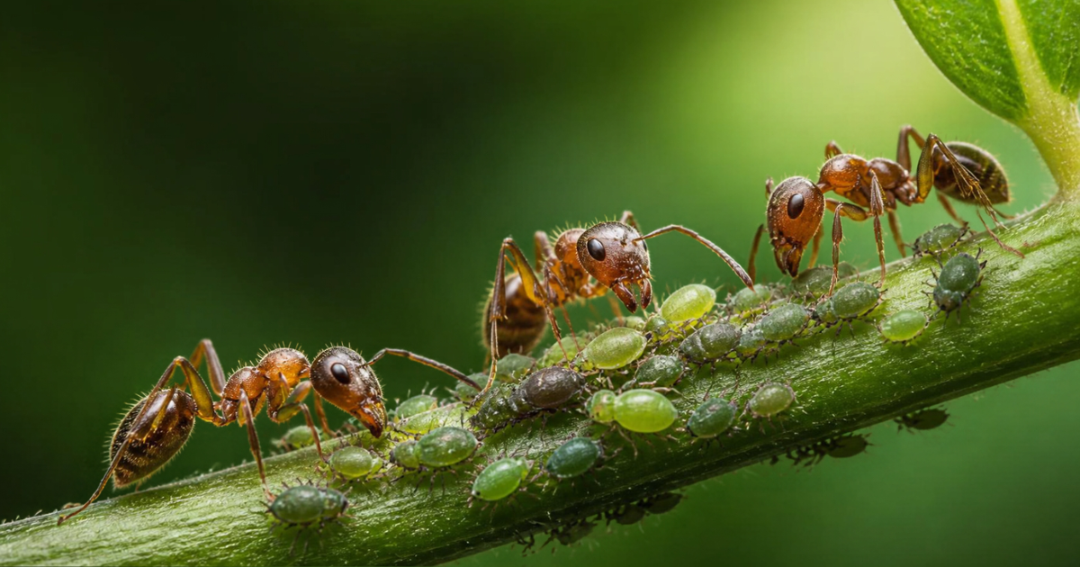 Brown ants moving among green aphids clustered on a plant stem
