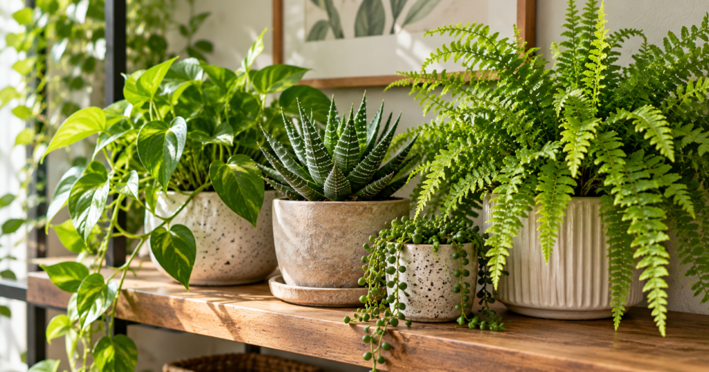 Pothos, haworthia, fern, and string of pearls grouped together on a wooden shelf