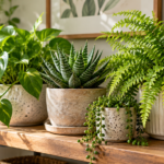 Pothos, haworthia, fern, and string of pearls grouped together on a wooden shelf