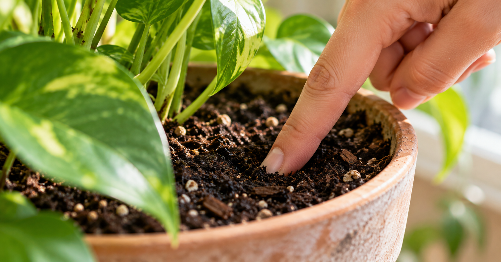 Finger pressed into dark potting soil to check moisture before watering a pothos