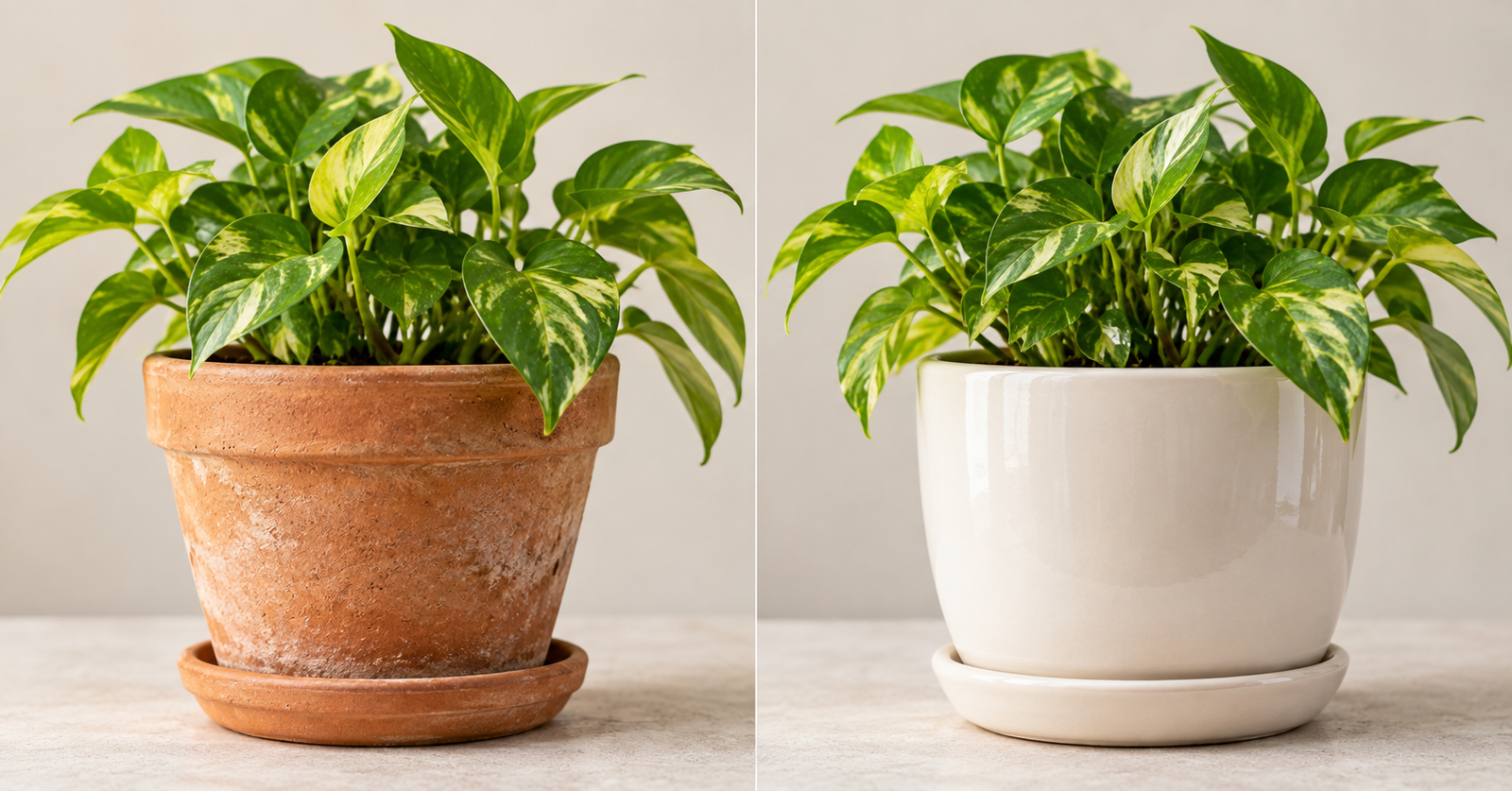 Pothos plant compared side by side in a terracotta pot and a glazed ceramic pot