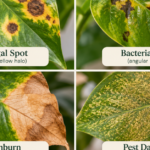 Variegated pothos leaf with a large brown, crispy patch spreading from the tip