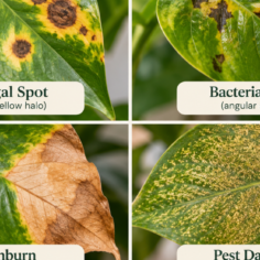 Variegated pothos leaf with a large brown, crispy patch spreading from the tip