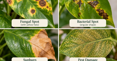 Variegated pothos leaf with a large brown, crispy patch spreading from the tip
