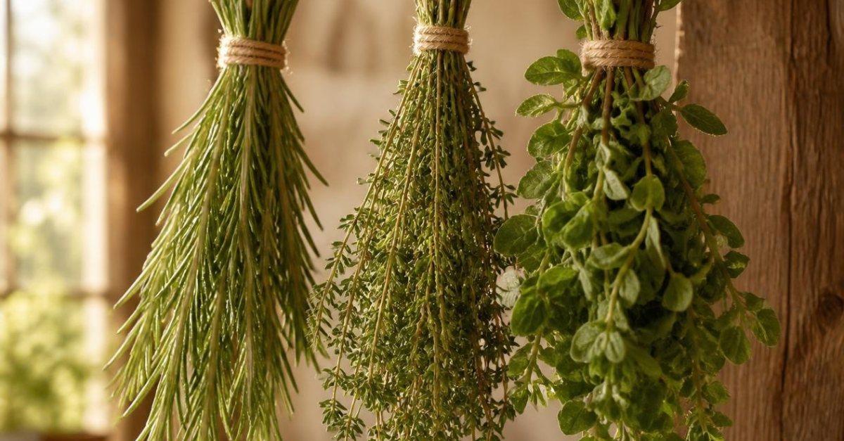 Basil, rosemary, thyme, and sage arranged separately on a dehydrator tray