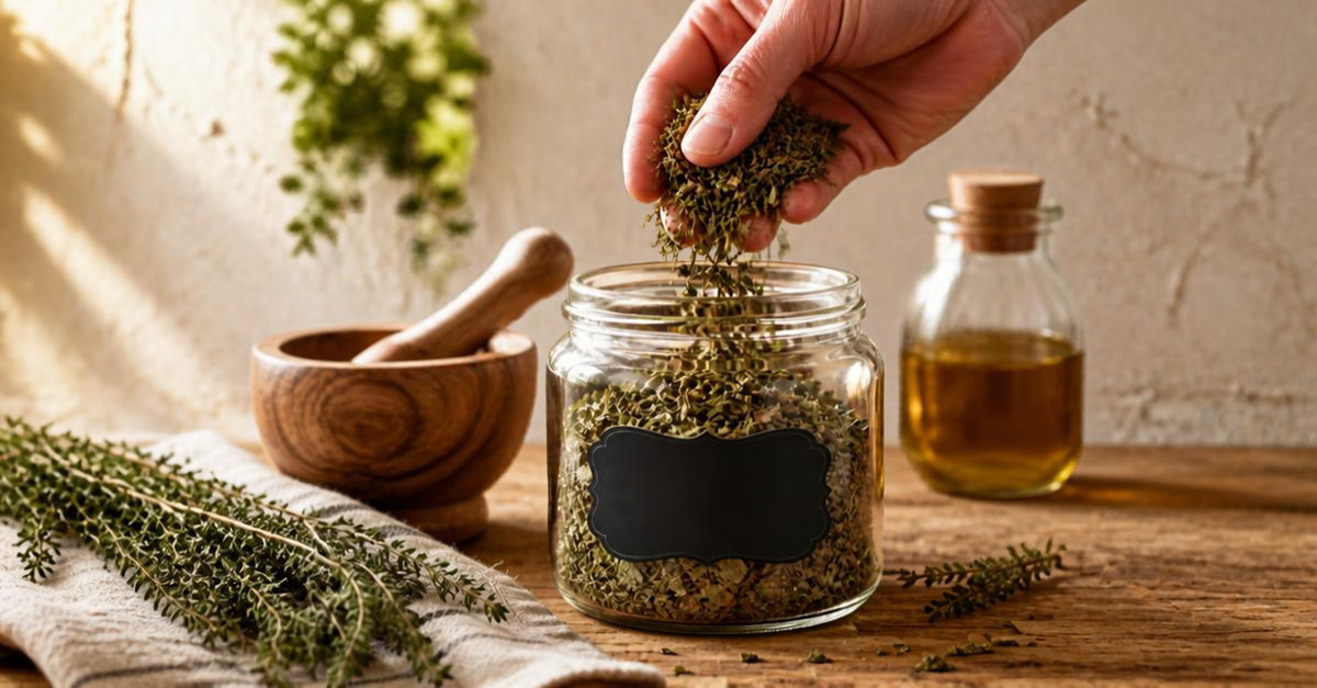 Hand pouring dried crumbled herbs into a labeled glass storage jar