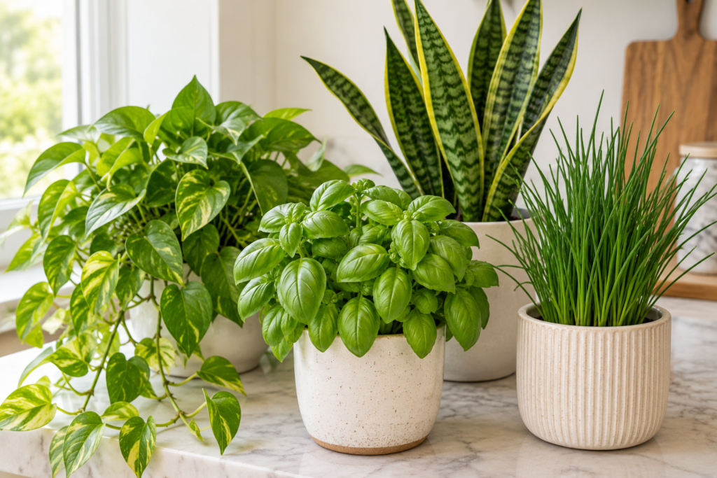 Pothos, basil, snake plant, and chives grouped together on a kitchen counter