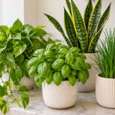 Pothos, basil, snake plant, and chives grouped together on a kitchen counter
