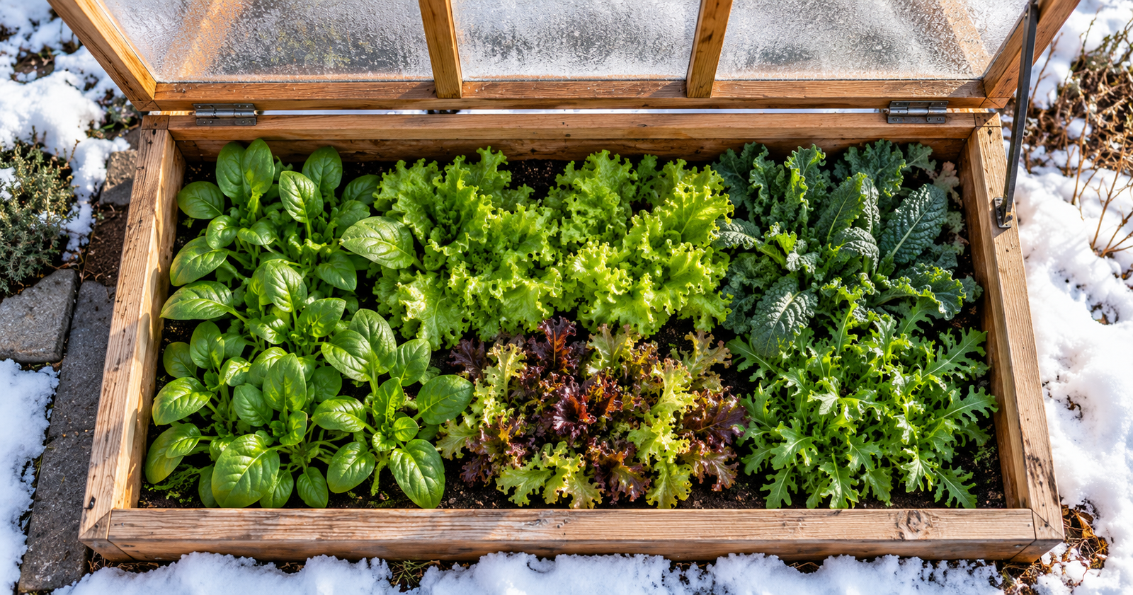 Curly kale leaves coated in frost in a snowy garden bed