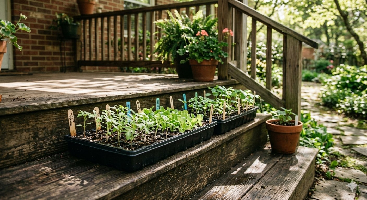 Sturdy tomato seedling with thick stem beside a pale, leggy seedling grown in low light