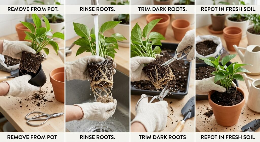 Comparison of light, firm healthy roots and dark, mushy rotted roots on pothos plants