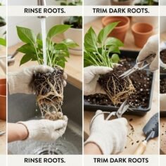 Comparison of light, firm healthy roots and dark, mushy rotted roots on pothos plants