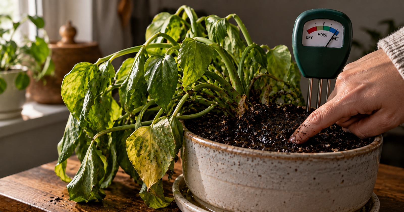 Drooping plant with yellowing leaves and a soil moisture meter reading wet