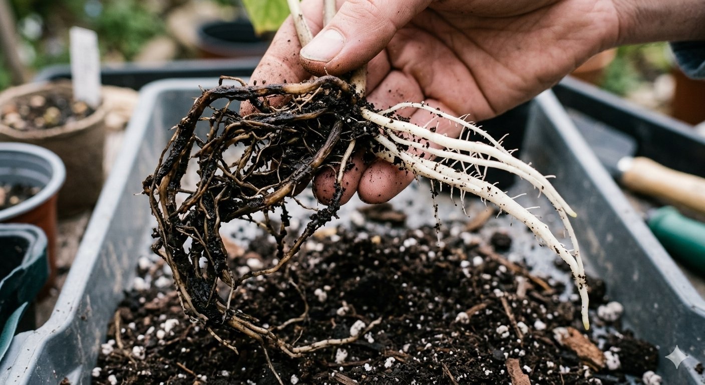 Four-step photo sequence showing removing, rinsing, trimming, and repotting a plant with root rot