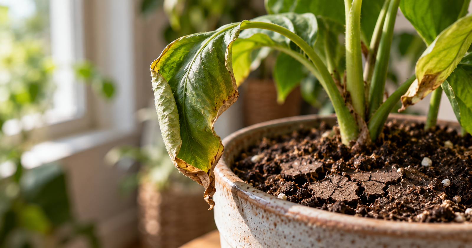 Tomato leaf with edges curling upward on a staked plant in a sunny garden
