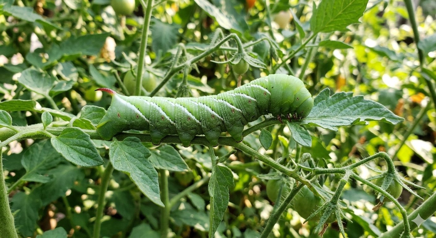 Dark green hornworm droppings scattered across a chewed tomato leaf with a caterpillar above