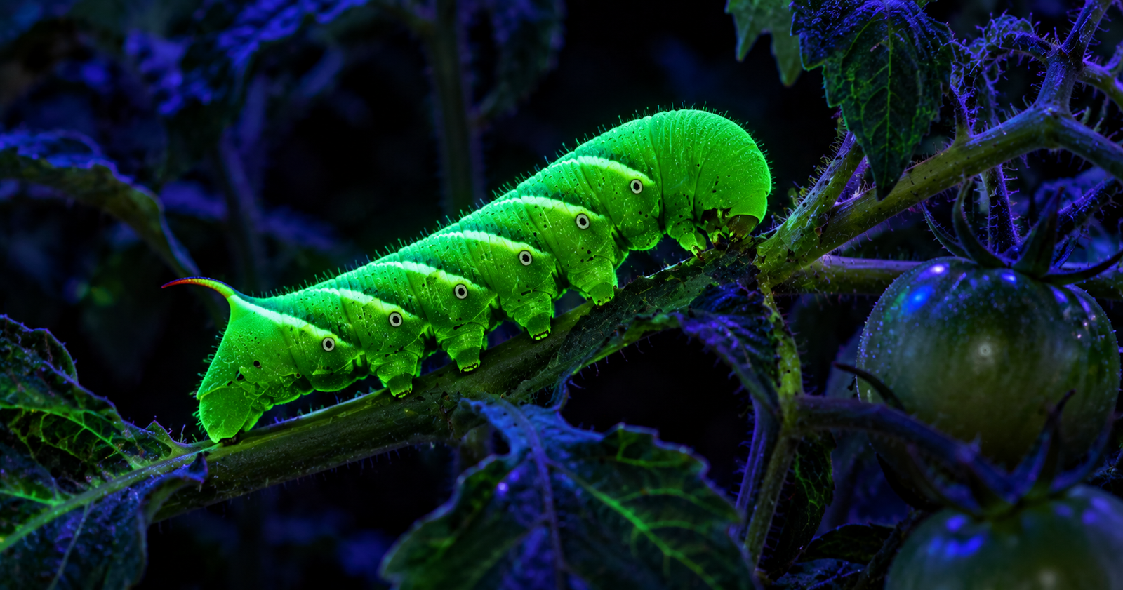 Tomato hornworm on a stem covered in white parasitic wasp cocoons