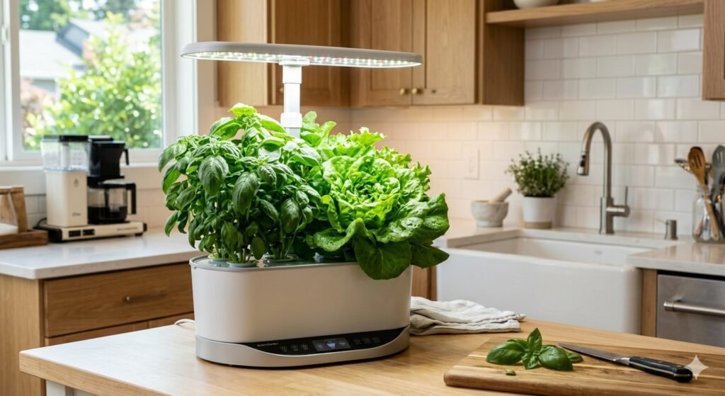 Countertop hydroponic growing system with basil and lettuce under an LED grow light