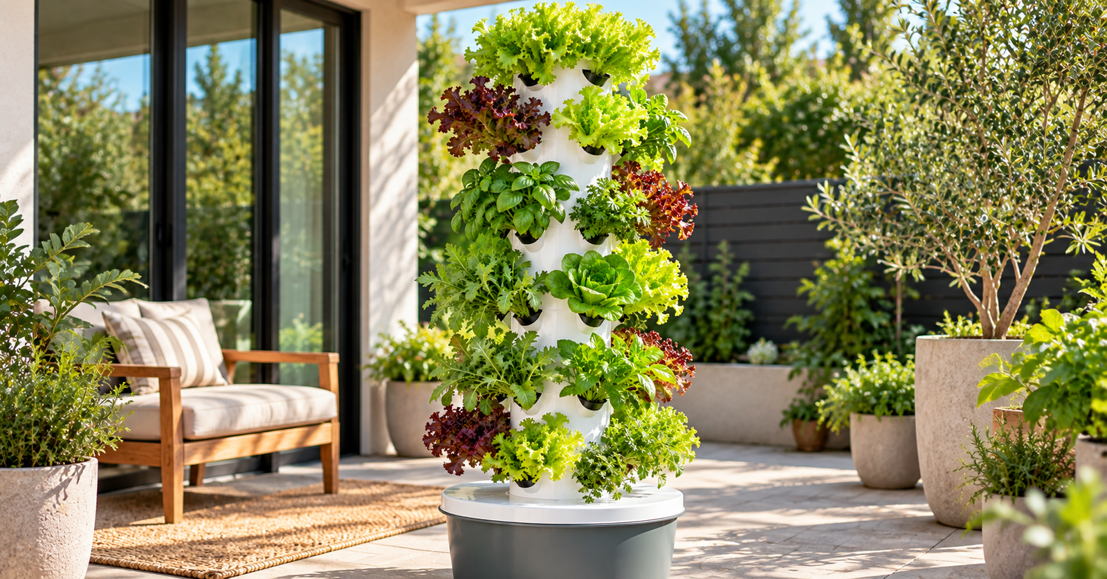 Vertical hydroponic tower growing lettuce and herbs on an outdoor patio