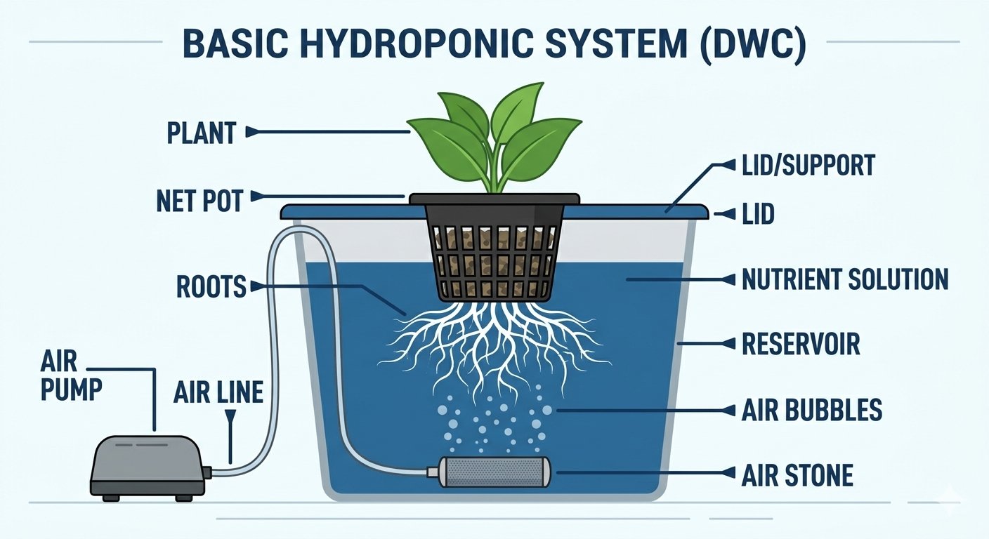 Labeled diagram of a deep water culture hydroponic system