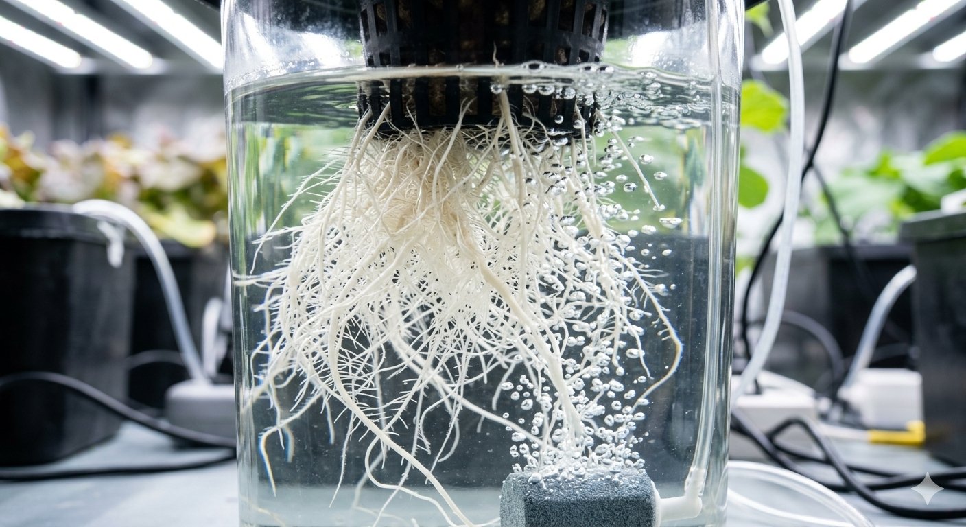Thick white plant roots suspended in water inside a hydroponic reservoir