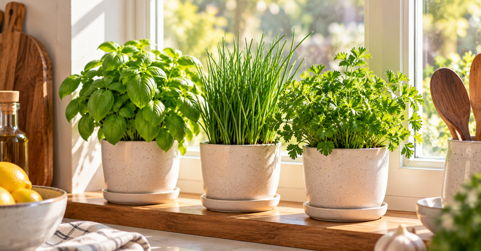 Basil, chives, and parsley growing in matching pots on a sunny kitchen windowsill
