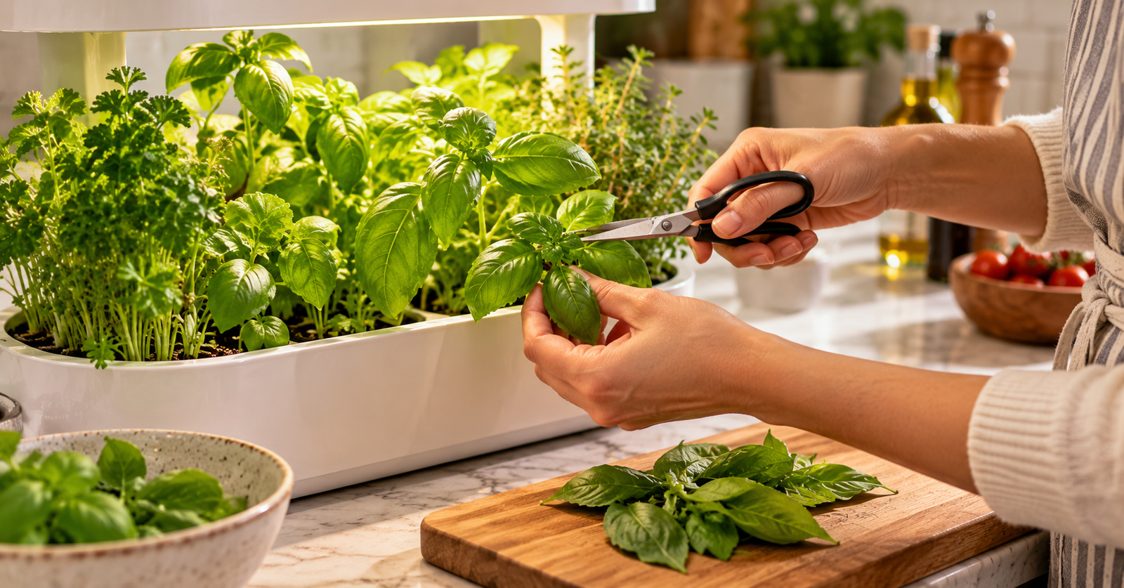 Hands trimming basil with scissors from a countertop indoor herb garden