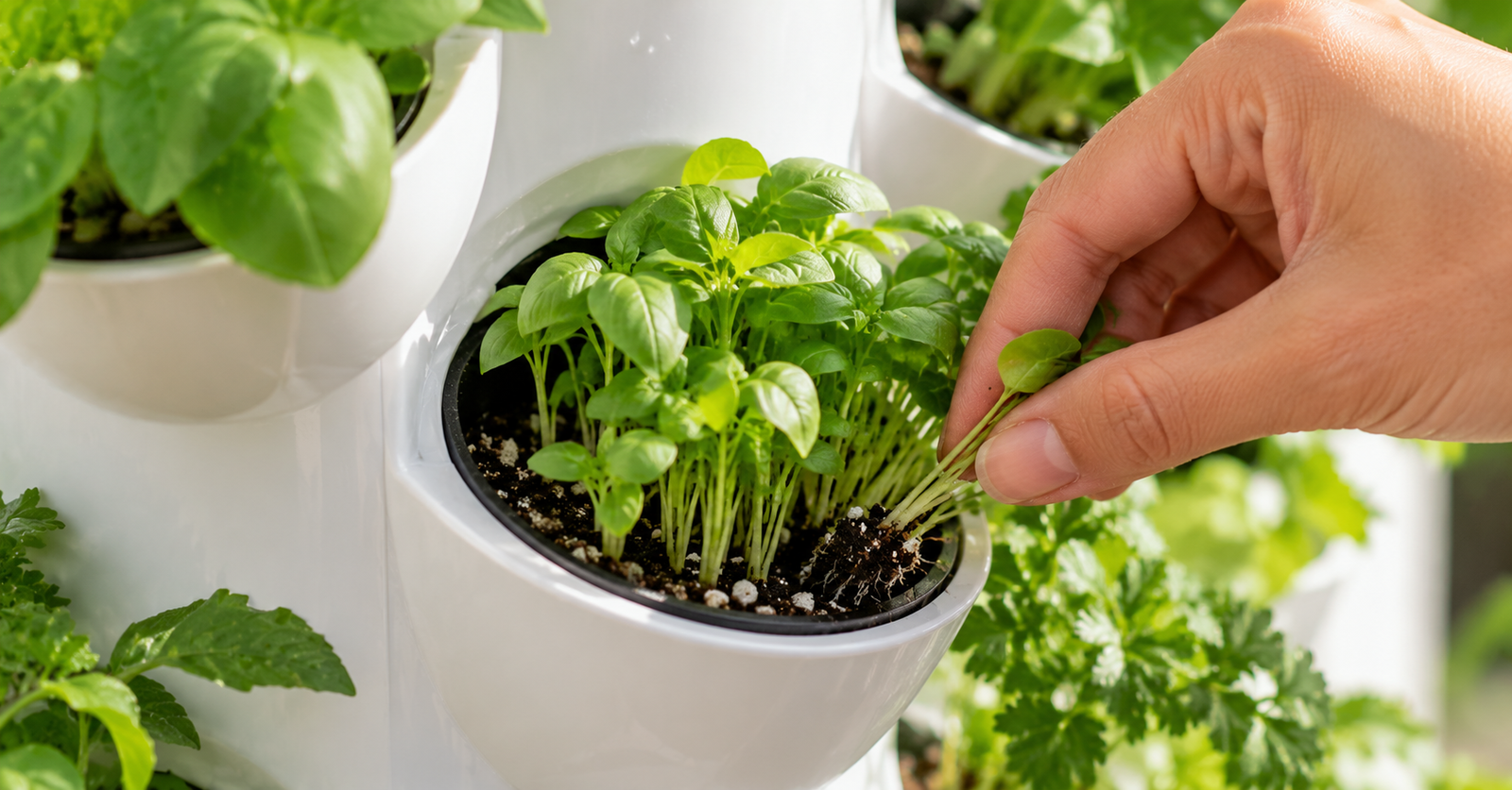 Hand picking basil leaves from a pocket in a vertical hydroponic tower