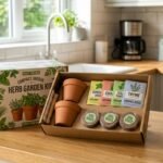 Indoor herb garden kit box with terracotta pots, seed packets, and soil discs