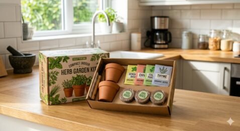 Indoor herb garden kit box with terracotta pots, seed packets, and soil discs