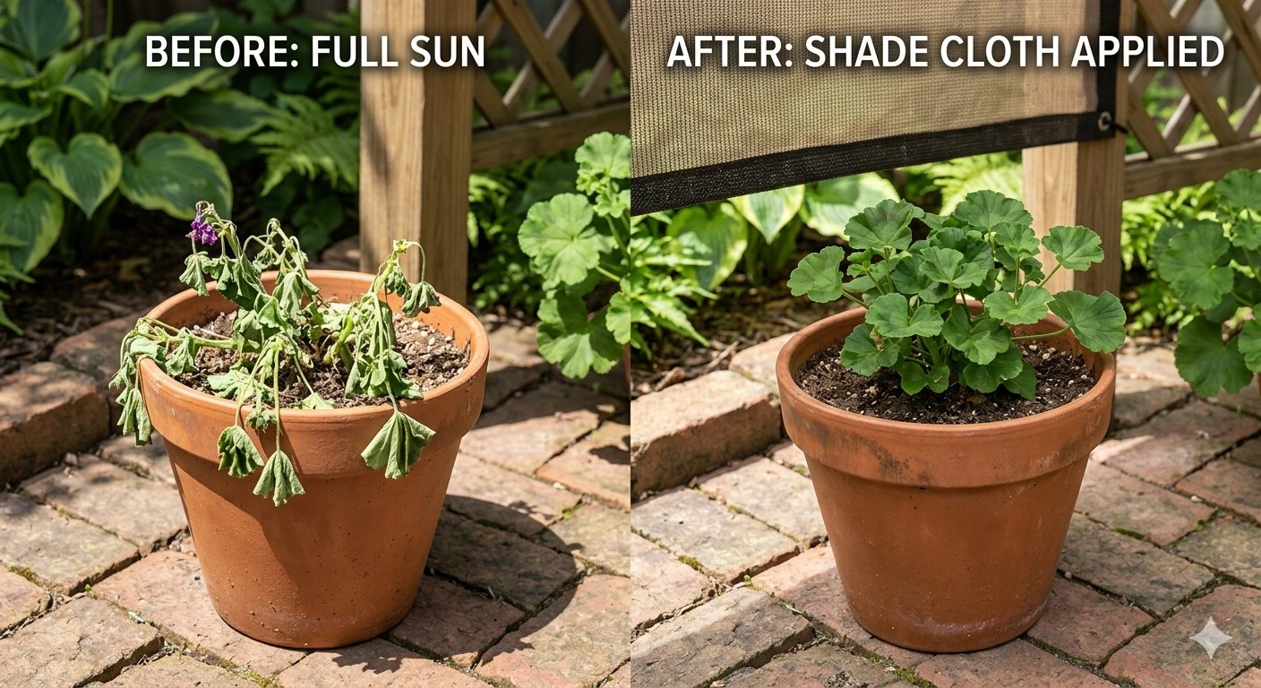 Wilted potted plant in full sun compared to the same plant recovered under shade cloth