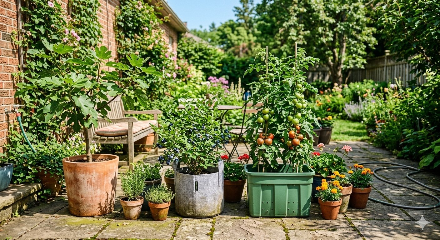 Fig tree, blueberry bush, and tomato plant growing together in containers on a patio
