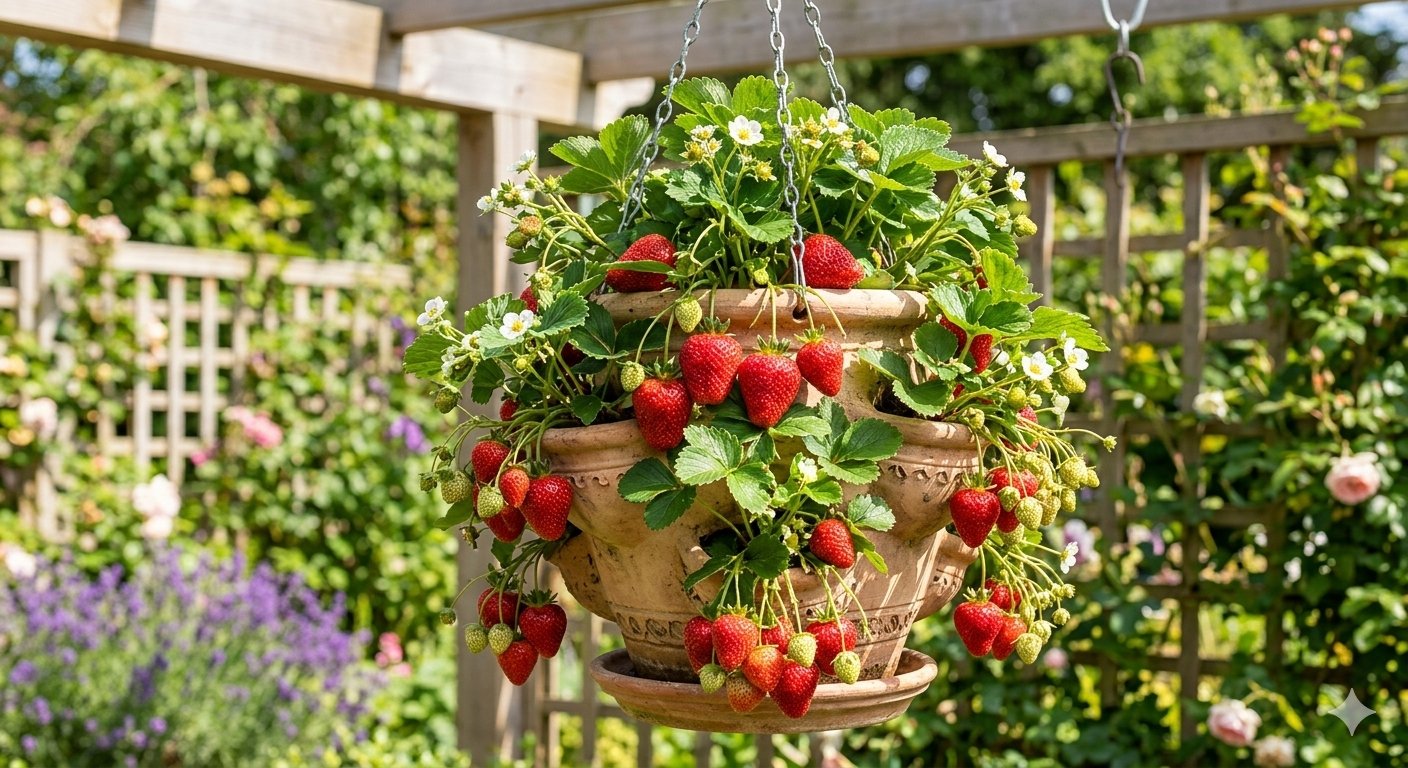 Hanging terracotta strawberry pot loaded with ripe red strawberries
