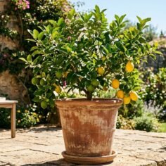 Dwarf lemon tree with ripening fruit growing in a large terracotta pot