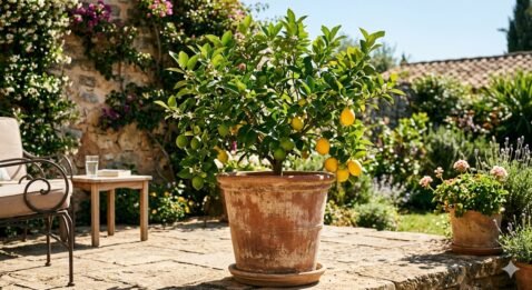 Dwarf lemon tree with ripening fruit growing in a large terracotta pot
