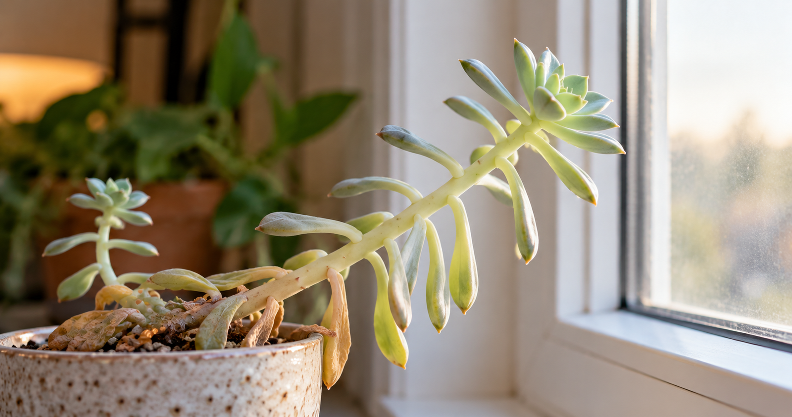 Pale, leggy succulent with stretched stem reaching toward a bright window