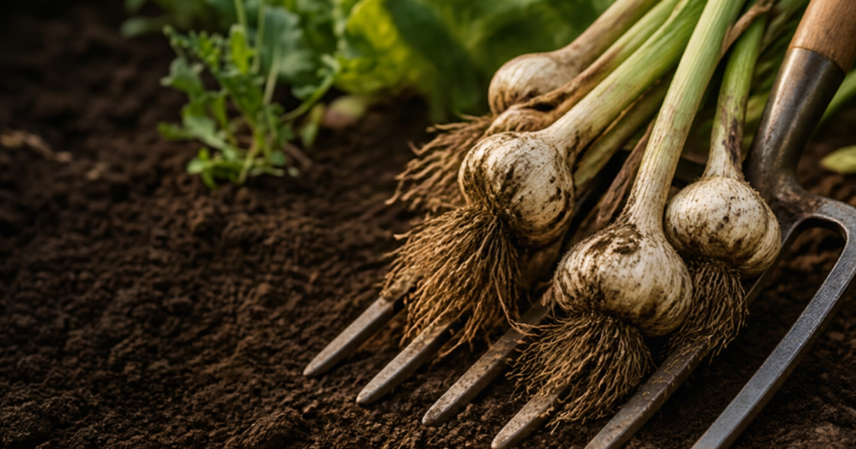 Freshly harvested garlic bulbs with dirt-covered roots resting on a garden fork