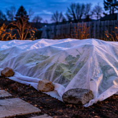 Rows of garden beds covered with white frost cloth secured with rocks at dusk