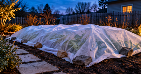 Rows of garden beds covered with white frost cloth secured with rocks at dusk