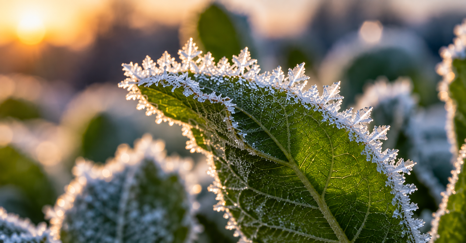 Frost crystals forming along the edge of an exposed green leaf