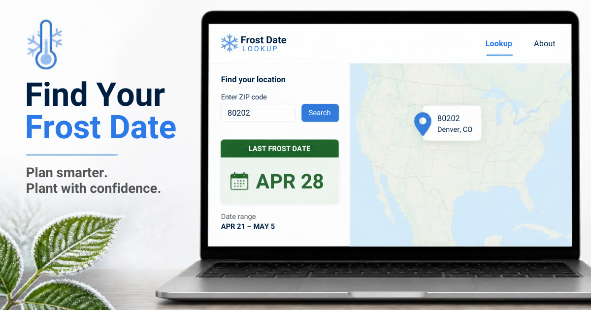 Illustrative laptop display of a ZIP-code frost date lookup