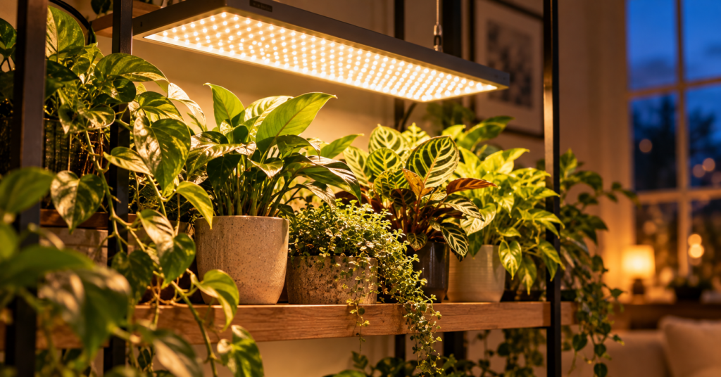 Full-spectrum LED grow light panel illuminating a shelf of lush houseplants