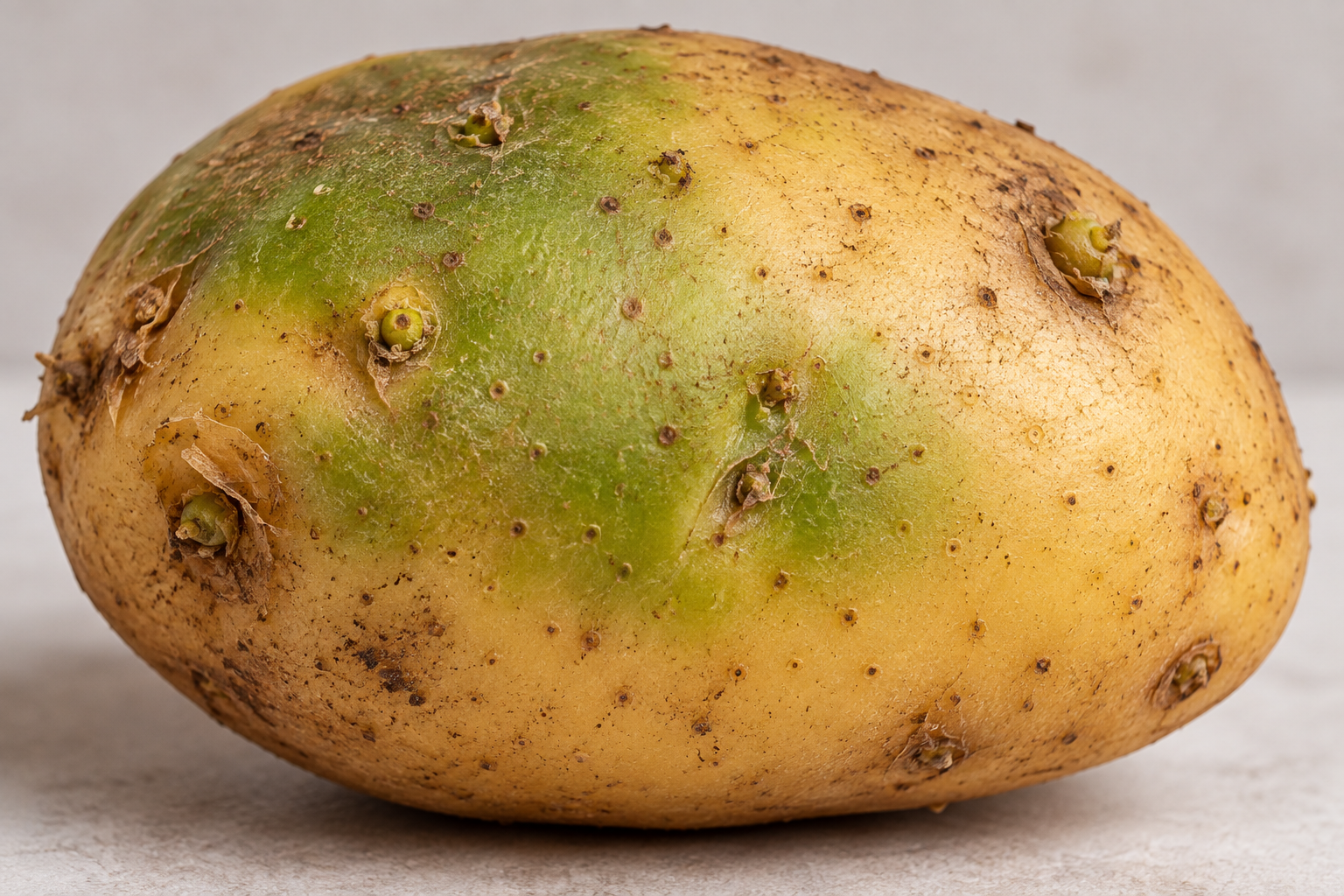 Potato with green-tinged skin and sprouting eyes from improper storage