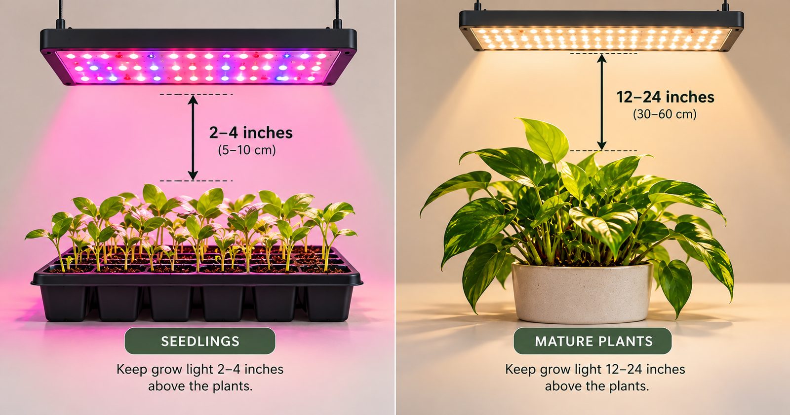 Diagram comparing grow light height for seedlings versus mature houseplants