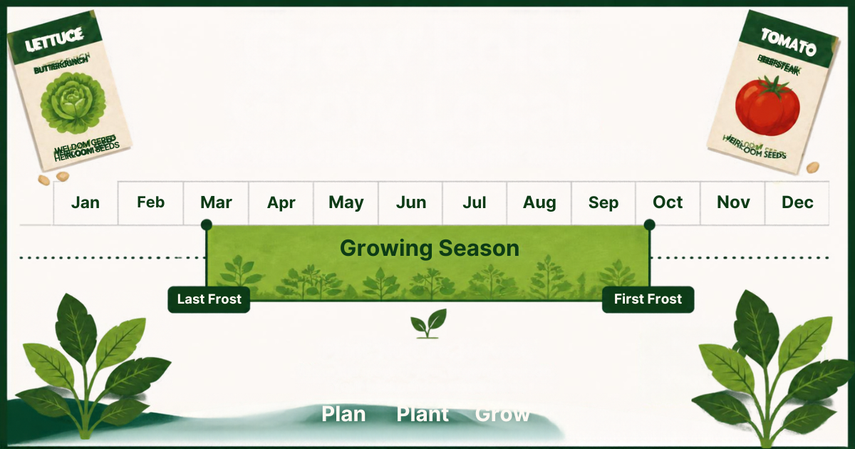 Illustrated calendar showing a sample growing season between spring and fall frost dates