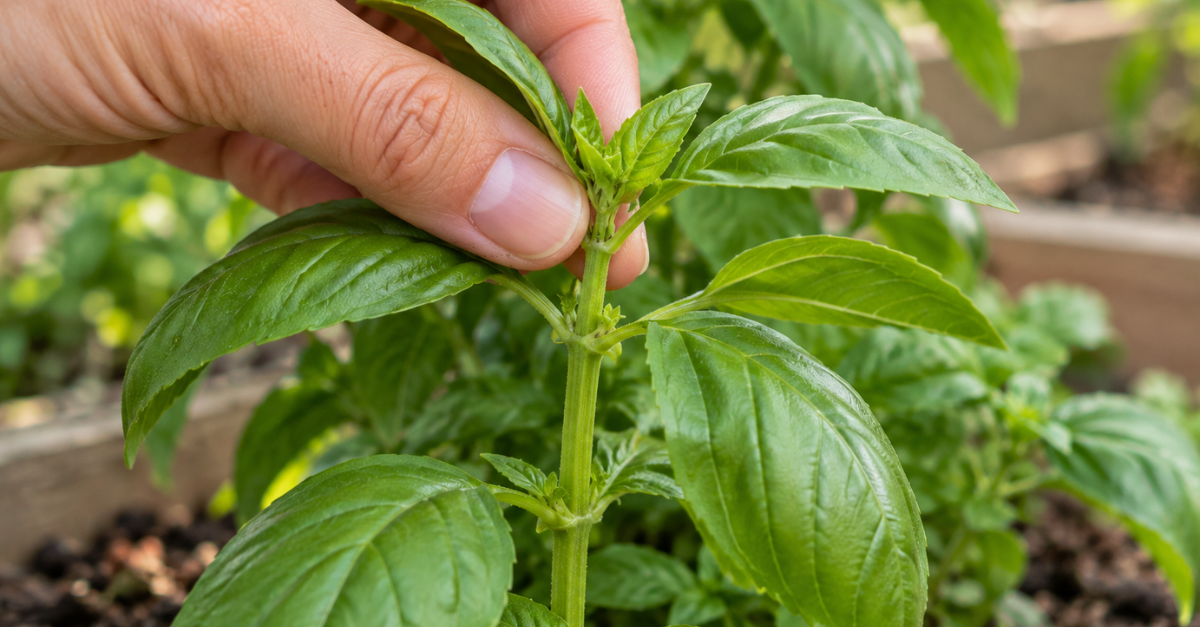 Hand pinching basil stem just above a leaf node