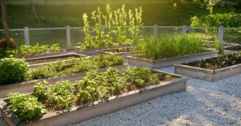 Raised wooden vegetable beds with leafy crops and gravel paths in a sunny garden