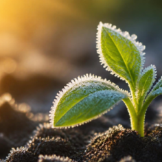 Young seedling with frost-rimmed green leaves sprouting from dark soil at sunrise