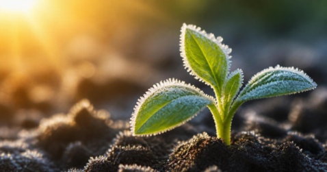 Young seedling with frost-rimmed green leaves sprouting from dark soil at sunrise