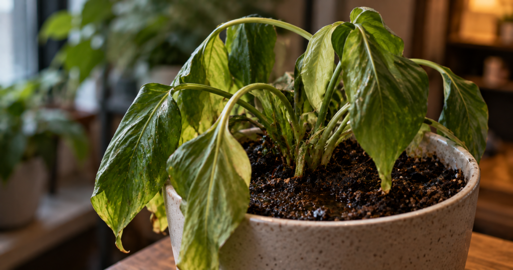 Overwatered houseplant with drooping, glossy yellow-green leaves in wet soil